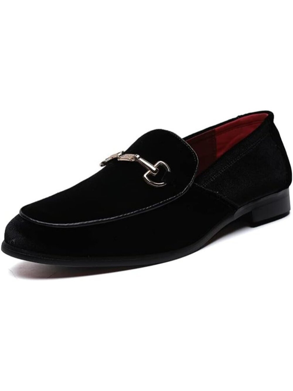 LCQL Men's Black Leather Velvet Loafer Gold Buckle Slip On Comfortable Shoes